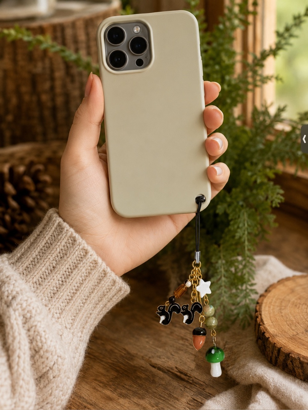 Slim Sage Green Phone Case with Charm -HANDMADE